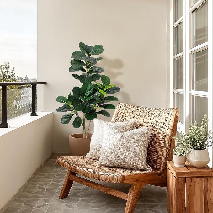 4FT Fiddle Leaf Fig Tree Artificial with 48 Leaves - Realistic Faux Ficus Lyrata Trees in 7.8" Grey Planter Pot, Indoor Fake Floor Plants for Home Office Living Room Decor, Housewarming Gift