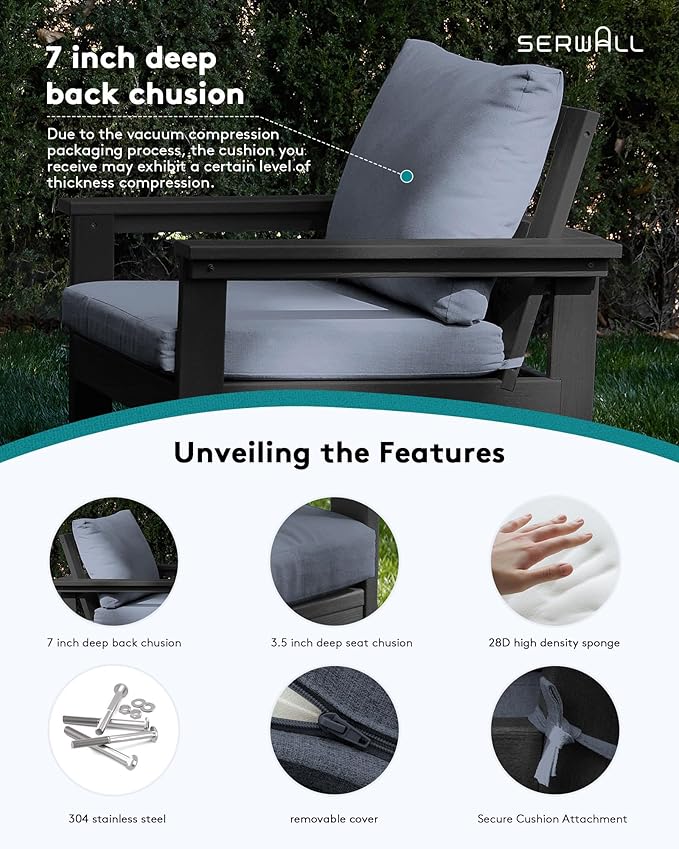 SERWALL HDPE Patio Furniture Set with 15FT Double Side Patio Umbrella, 7-Piece Outdoor Modular Sectional Sofa Set, All Weather Patio Couch Set for Deck, Black & Grey(Umbreall Base not Included)