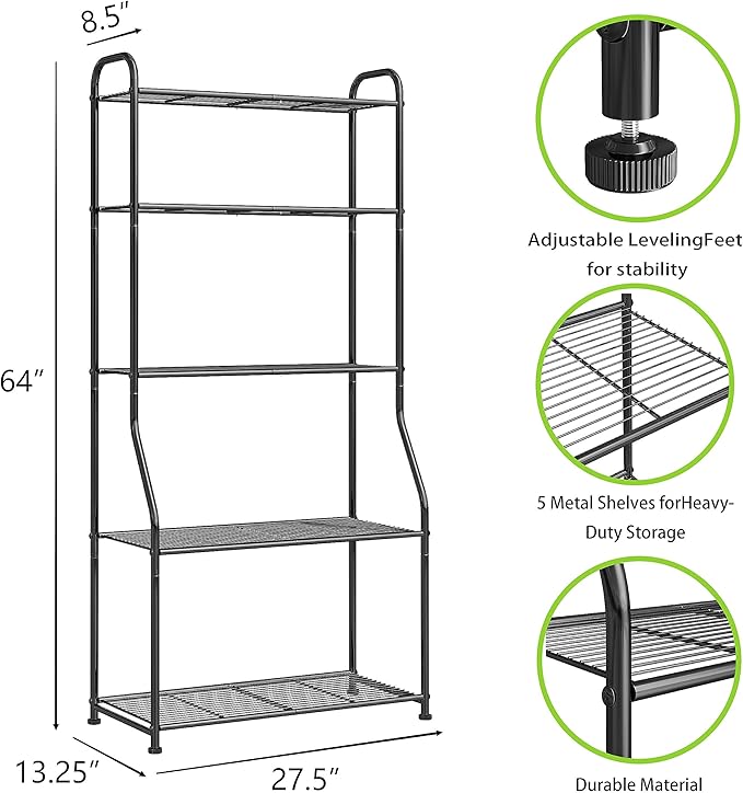 Plant Stand 5-Tier Plant Shelf for Indoor Outdoor, Waterproof Metal Tall Plant Stand for Living Room Bathroom Balcony Garden, Black
