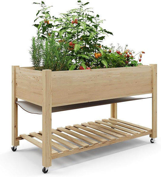 Raised Garden Bed on Wheels, Elevated Raised Wood Planter Box with Legs, Elevated Garden Bed for Vegetables, Standing Garden Container for Backyard, Patio