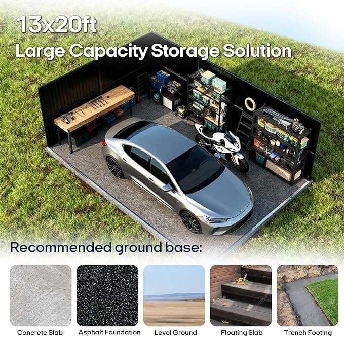 Outdoor Storage Shed 13x20 FT, Sheds & Outdoor Storage Clearance - Metal Garage Shed for Car, Truck, Bike - Backyard Tool House Building with 2 Windows and 2 Translucent Panels