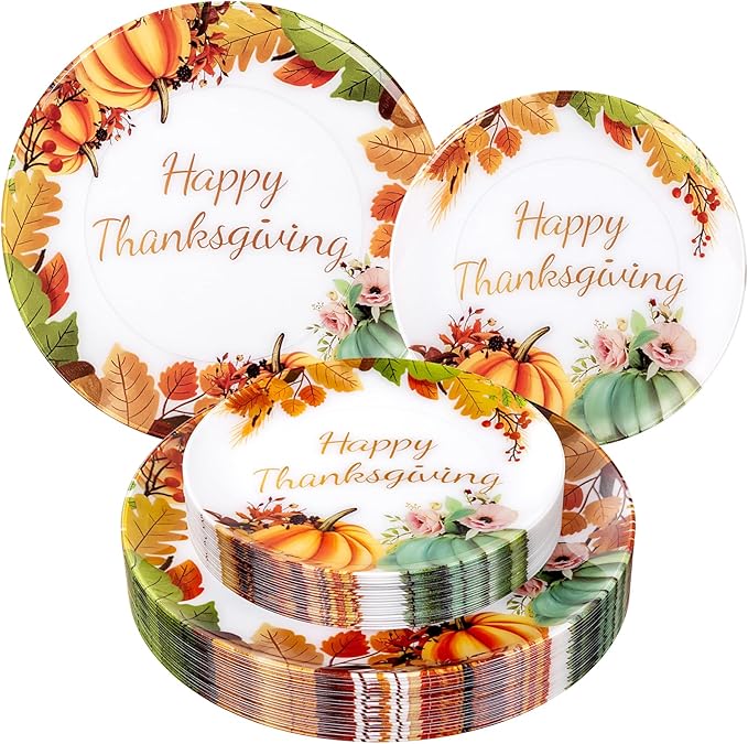 60PCS Thanksgiving Plastic Plates - Heavy Duty Fall Plastic Plate - Fancy Pumpkin Disposable Plates Include 30 Dinner & 30 Dessert Plate for Autumn Friendsgiving Harvest Party Decor