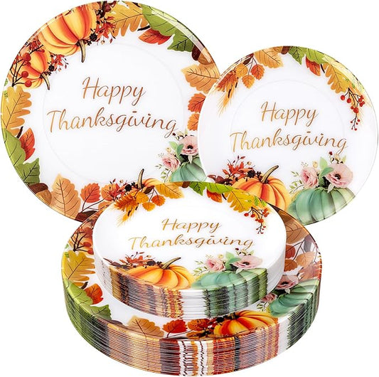 60PCS Thanksgiving Plastic Plates - Heavy Duty Fall Plastic Plate - Fancy Pumpkin Disposable Plates Include 30 Dinner & 30 Dessert Plate for Autumn Friendsgiving Harvest Party Decor