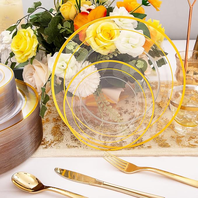 WELLIFE 300Pcs Clear Gold Dinnerware, Clear and Gold Plates Heavy Duty, Including 50 Dinner and 50 Dessert Plates, 50 Cups, 50 Silverware