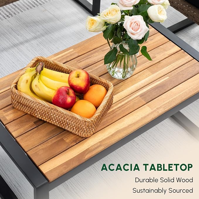 BEEFURNI Wicker Patio Furniture Outdoor Conversation Set of 4, Acacia Wood Table, 2 Rattan Chairs, 1 Loveseat, 2” Cushions, All-Weather, Easy Assembly, 1-Year Manufacturer Warranty (Brown)