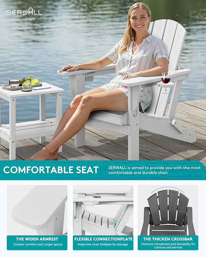 SERWALL Folding Adirondack Chair, Dual Cup Holders & All-Weather HDPE, Wood-Like Patio Chair for Backyard, Camping，Pool & Fire Pit- White