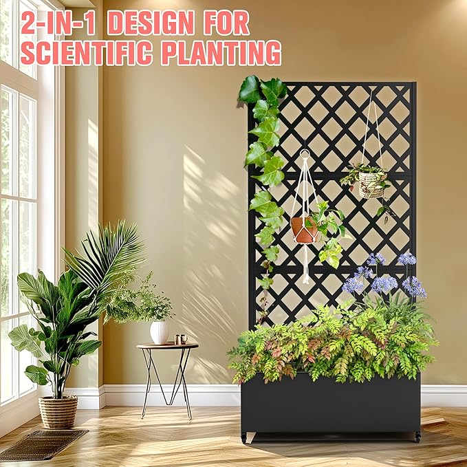 Metal Planter Box with Trellis, Raised Garder Bed with Drainage Hole, Privacy Screen & Trellis for Climbing Plants, Outdoor Plant Stands, 35''L×17''W×73''H, Black