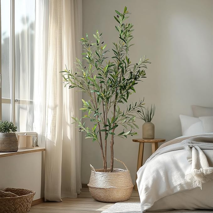 5FT Artificial Olive Tree Tall Faux Silk Plant Tall Faux Olive Tree with Natural Wood Trunk & Lifelike Fruits Fake Potted Tree or Home Office Decor