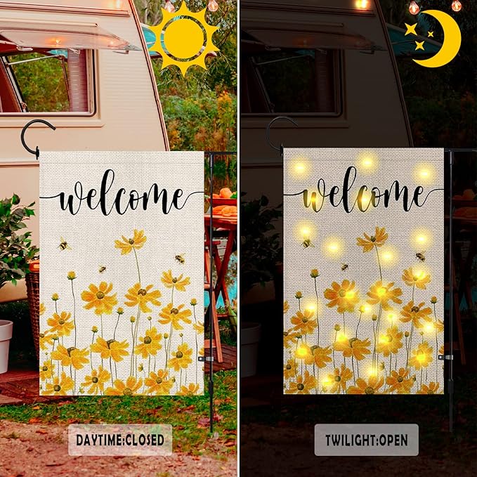 Spring Summer Floral Welcome Garden Flag with LED Lights, 12 x 18 Inch Double Sided Vertical Burlap Sunflower Bee Lighted Garden Flag for Seasonal Holiday Outdoor Yard Decoration