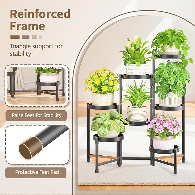 LASZOLA 7 Tiered Folding Plant Stand Indoor for Multiple Large Planter, Tall Heavy Duty Adjustable Rack with Rust Proof 10 Inch Wide Tray, Sturdy Vertical Tree Organizer for Narrow Inside Floor, Black