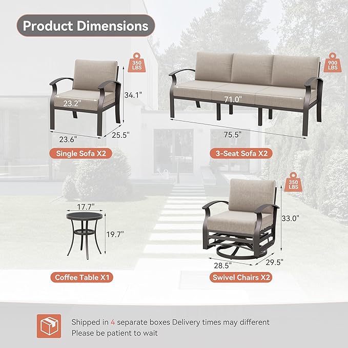 Kurapika Aluminum Patio Furniture Set 10-Seat Modern Metal Outdoor Conversation Sets w/Swivel Rocking Chairs Patio Sectional Sofa w/5.1 Inch Cushion, Sand