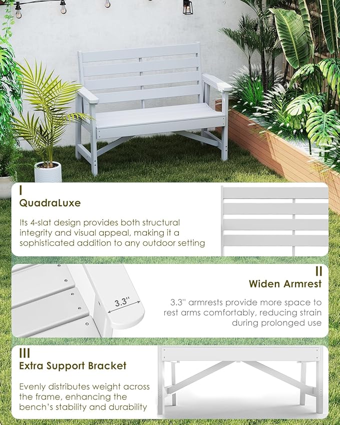 GREENVINES Outdoor Bench | HDPE | Garden Benches | All Weather | for Outdoors Patio Park Porch Outside Backyard | 2-Person | White