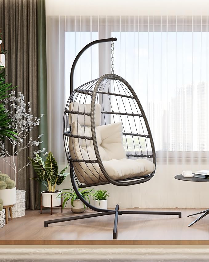 HWB Hanging Egg Chair with Stand, Swing Hammock Chair with Cushion for Indoor Outdoor, Patio Wicker Egg Swing Chair for Balcony Furniture, White
