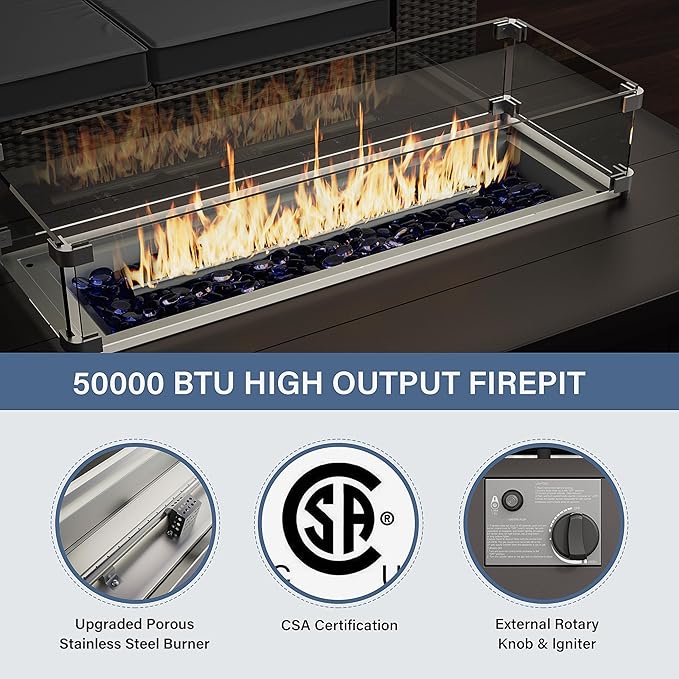 Kurapika Aluminum Patio Furniture Set 5-Seat Modern Metal Outdoor Conversation Sets w/45in Propane Fire Pit Table, Swivel Rocking Chairs Patio Sectional Sofa w/5.1 Inch Cushion, Black