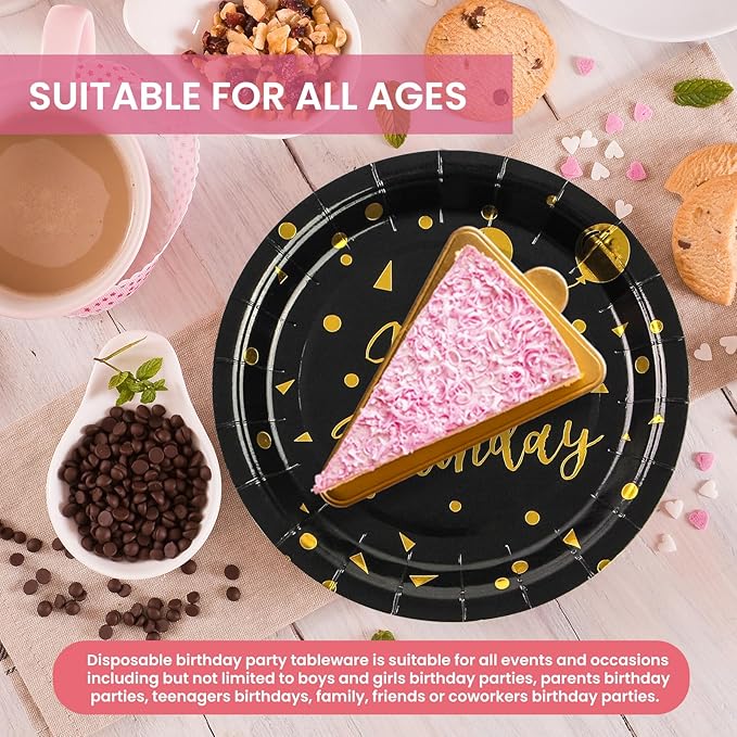 75PCS Happy Birthday Paper Plates - 7 Inch Black Gold Dot Paper Plates and 6.5 Inch Napkins with 6.3 Inch Gold Forks Disposable Tableware Set for Birthday Party Decorations, Serves 25