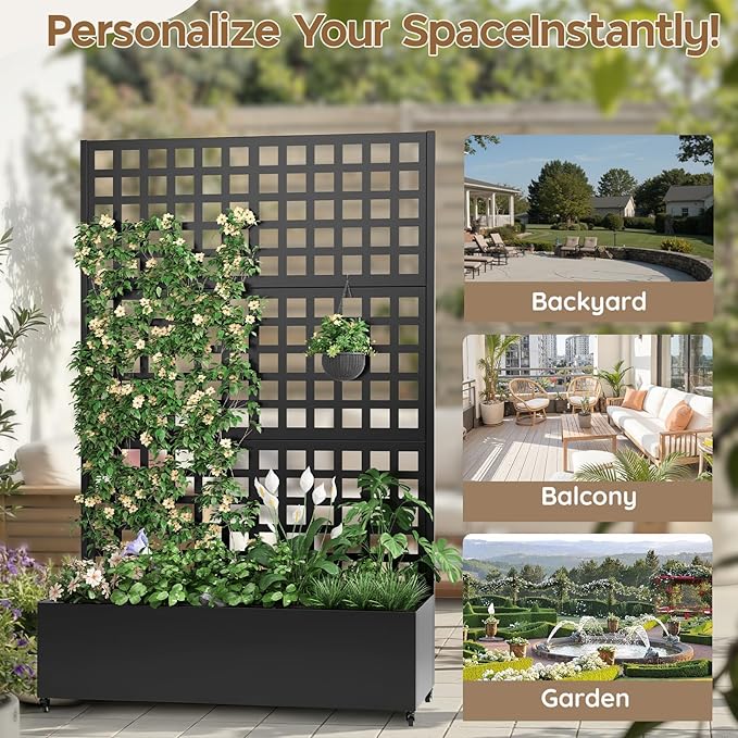 Metal Raised Garden Bed with Trellis & Wheels,70" x 47"x 15.7" Planter Box with Trellis,Privacy Planters for Patio,Garden Bed for Climbing Plants,Suitable for Climbing Plants and Vegetables,Black