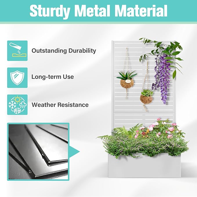 71"x35"x16" Metal Planter Box with Trellis Raised Garden Bed with Trellis, Planter Box & Privacy Screen for Climbing Plants, Vegetable, Vines(White, Louvered)