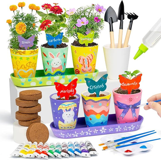 RGBDOT Kids Gardening Set Paint and Plant Stoneware Flower Growing Kit with 6 Pots and Gardening Tools Arts and Crafts for Kids Ages 8-12 Best Children’s Day Gift for Girls Boys Ages 5 6 7 8 9 10