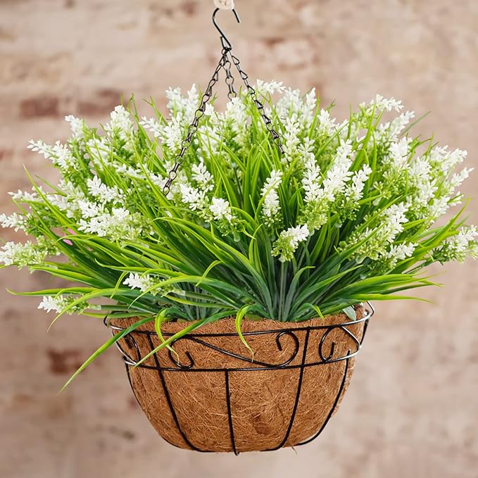 12 Bundles Artificial Plants Outdoor, 18.2" UV Resistant Faux Monkey Grass Greenery Stems No Fade Faux Plastic Flowers Shrubs for Home Weddings Garden Porch Front Patio Office Decor- White