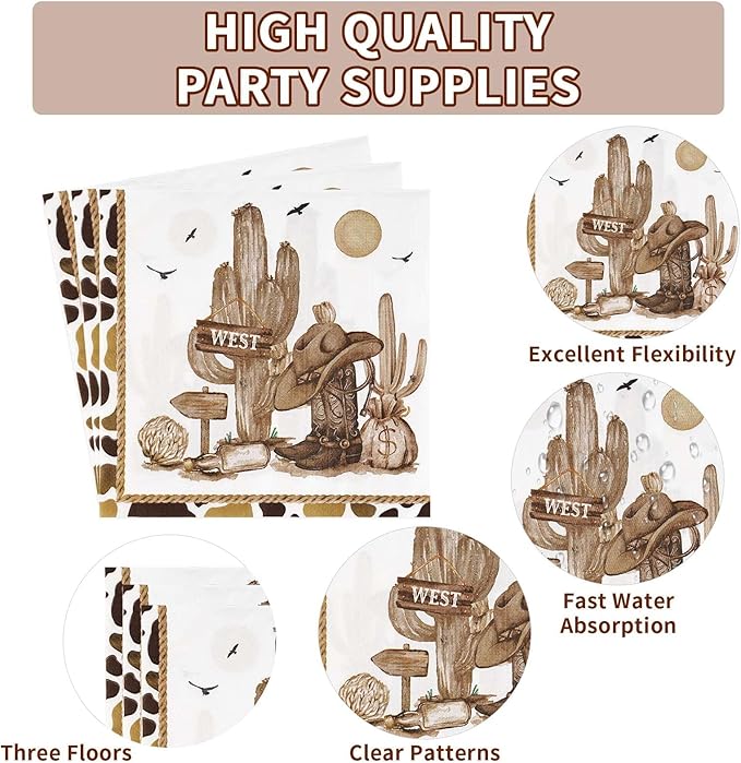 96Pcs Western Cowboy Party Supplies 350 GSM Wild West Cowboy Plates and Napkins Tableware Sets Western Cowboy Party Decorations for Western Rodeo Cowboy Birthday Baby Shower Party Favors, Serves 24 ﻿