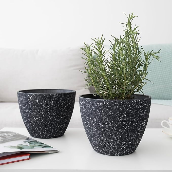 LA JOLIE MUSE Flower Pots Outdoor Garden Planters, Indoor Plant Pots with Drainage Holes, Plastic, Speckled Black, Set 2 (7.5 + 7.5 Inch)