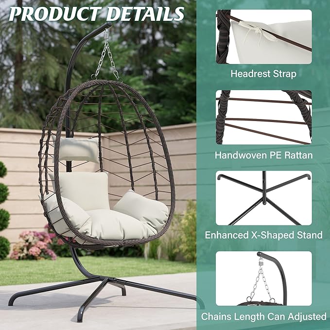Hanging Egg Chair with Stand, Swinging Egg Chair Outdoor Indoor, Hanging Basket Chair with Cushion, Patio Wicker Hammock Chair 350lbs Capacity for Bedroom, Balcony, Backyard, Garden (Beige)