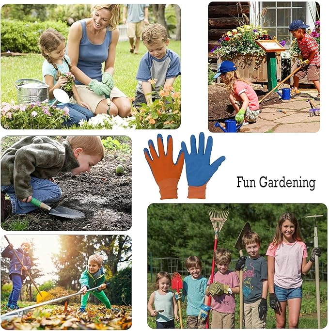 HANDLANDY 3 Pairs Kids Gardening Gloves Latex Free, Nitrile Coated Children Toddler Garden Yard Work Gloves for Little Girls Boys (Size S, Black-Orange)