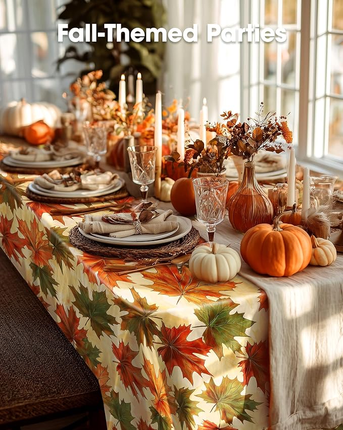 Pureegg Plastic Table Cloth Disposable 8 Pack, 54 x 108 Inch Table Cloths, Thanksgiving Decorations, Harvest Party, Fall Tablecloths, Rectangle Tables, Leakproof & Sturdy, Autumn Maple