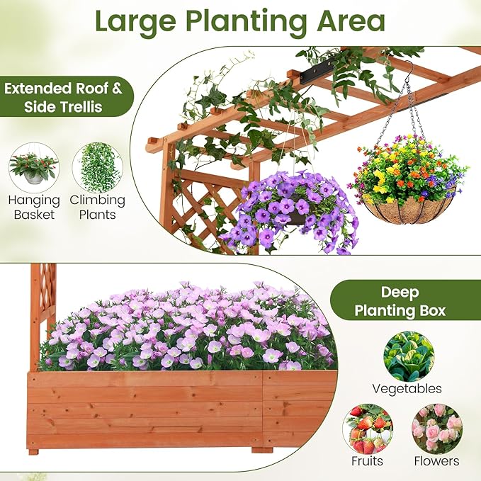 S AFSTAR 77-Inch Raised Garden Bed with Arch Trellis, Hanging Roof & Drainage Holes, Vertical Plant Container for Vine Climbing Plant Flower, Indoor Outdoor Wood Elevated Planter Box for Garden