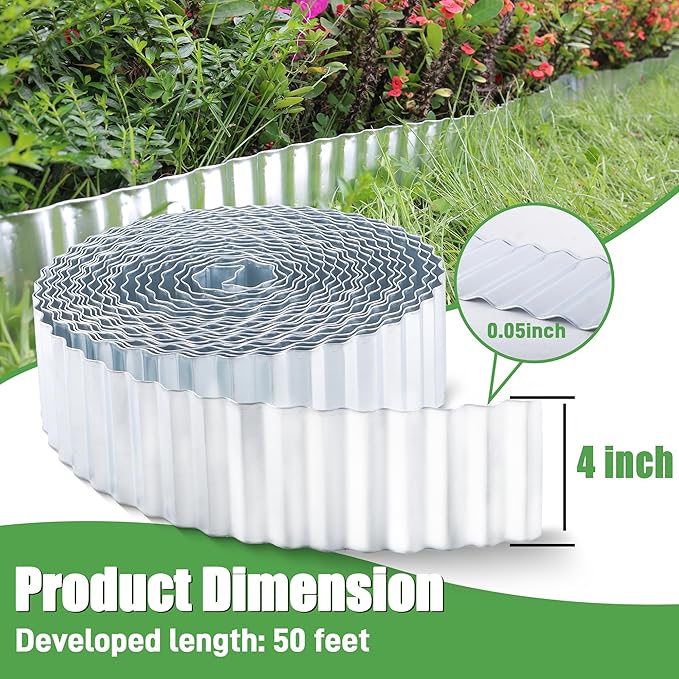 Metal Corrugated Garden Edging, 4" x 50Ft Garden Edging Border for Garden and Flower Bed, Landscape Edging for Grass Barrier, Sidewalk, Lawn and Yard, Silvery
