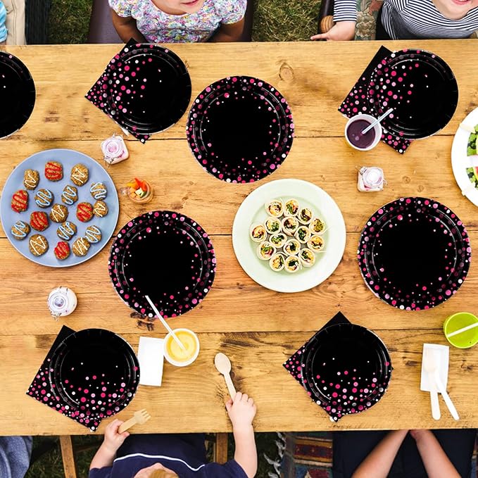 96Pcs Hot Pink and Black Party Supplies Black and Pink Birthday Plates and Napkins Tableware Sets Girls Night Party Decoration for Bachelorette Pajama Wedding Bridal Baby Shower Decorations Serves 24