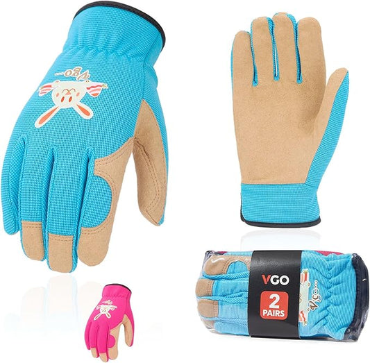 Vgo... 2-Pairs Age 4-5 Kids Gardening Gloves,Children Yard Work Gloves,Soft Safety Outdoor Playing Gloves (Size S,Blue&Purple Rabbit, KID-SL7362)