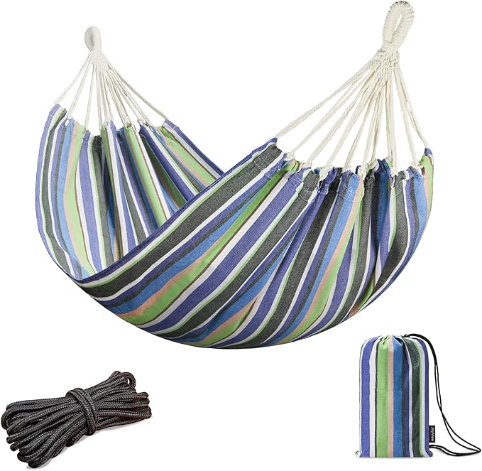 JoyView Brazilian Hammock for Single Person - Portable Cotton Hammock with Hanging Ropes & Carry Bag - 78.8x39.4' - 300LBS Capacity - Perfect for Outdoor/Indoor - Blue & Green Stripes