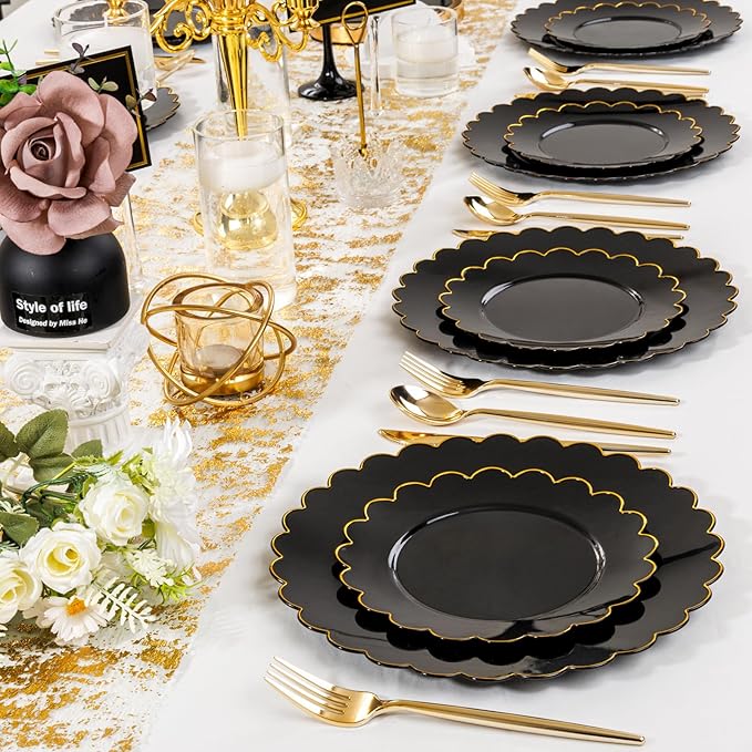 SUT 72 PCS Black Plates,Black Plastic Plates with Gold Rim, Plates Disposable Heavy Duty, 10.25 inch Plastic Dinner Plates, Black Disposable Plates for Party,New Year,Halloween