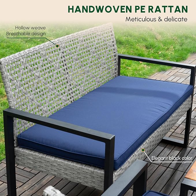 BEEFURNI Wicker Patio Furniture Outdoor Conversation Set of 4, Acacia Wood Table, 2 Rattan Chairs, 1 Loveseat, 2” Cushions, All-Weather, Easy Assembly, 1-Year Manufacturer Warranty (Gray)