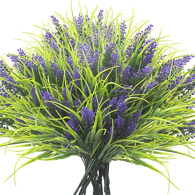 20 Bundles Artificial Plants Outdoor Fake Monkey Grass with Flowers (Purple)
