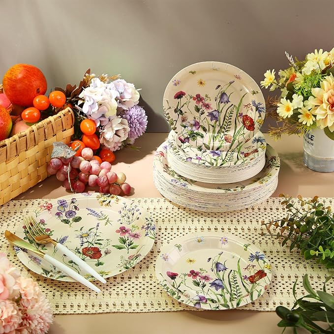 Mumufy 100 Pack Wild Floral Paper Plates Flower Dinner Decoration 9" & 7" Disposable Watercolor Dessert Plates for Wedding Birthday Baby Shower Bridal Tea Party Supplies