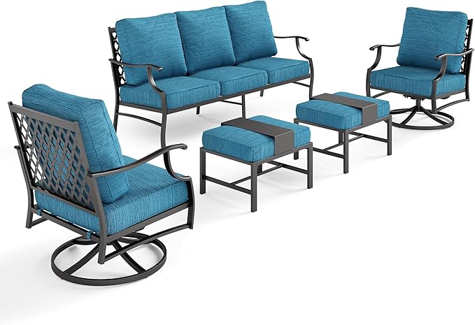 5 Piece Metal Outdoor Patio Furniture Set, Patio Conversation Sets 3-seater Sofa, 2 Swivel Chairs, 2 Ottomans with 5.75" Thick Cushion, Black All-weather Backyard Furniture Set, Blue-2