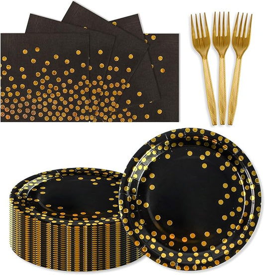 150PCS Paper Plates and Napkins Set - Black and Gold Dot Disposable Party Dinnerware Includes Paper Plates, Napkins, Forks Decorations for Birthdays, Graduations, Weddings and Holidays, Serves 50