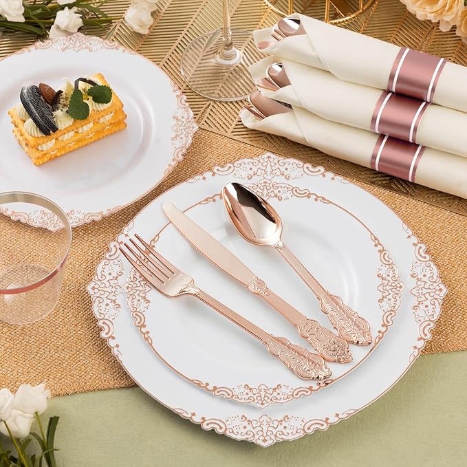 150PCS Rose Gold Plastic Silverware for 50 Guests, Heavy Duty Rose Gold Disposable Utensils Sets, Includes 50 Forks, 50 Spoons, 50 Knives, Elegant Cutlery Perfect for Party, Wedding