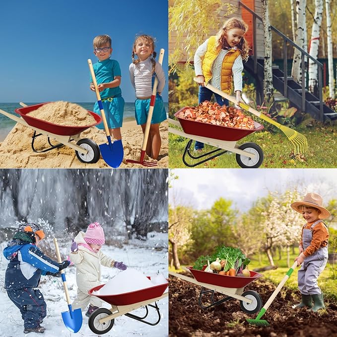 Kids Wheelbarrow Set with Gardening Tools Outdoor Backyard Garden Play for Toddlers Boys Girls 3-8, with Shovel, Rake, Leaf Rake, Easter Birthday Gifts (Red Garden Set)