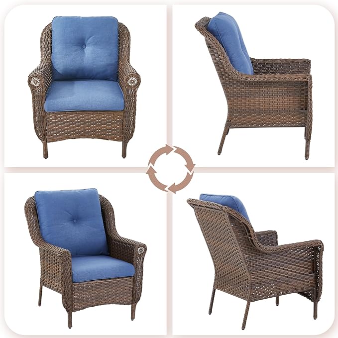 Patio Wicker Chairs Outdoor Furniture Chair - Set of 2 Outside All Weather Lawn Dining Brown Rattan Armchair with High Back&Deep Seating for Deck Porch Balcony Backyard Garden - Navy Blue