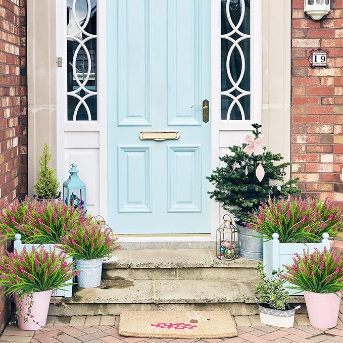 12 Bundles Artificial Plants Outdoor, 18.2" UV Resistant Faux Monkey Grass Greenery Stems No Fade Faux Plastic Flowers Shrubs for Home Weddings Garden Porch Front Patio Office Decor - Rose Red