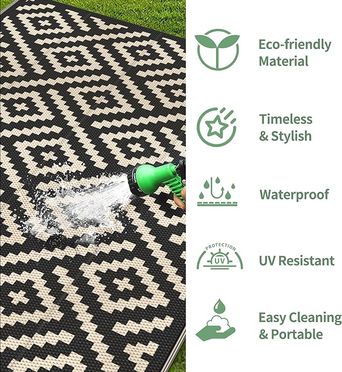 GENIMO 5x8 Outdoor Rug Waterproof, Reversible Mats, Area Rug, Plastic Outside Carpet, Geometric Rv Mat for Patio Camping Rv Picnic Backyard Deck Balcony Porch Beach Trailer (Black & Beige)