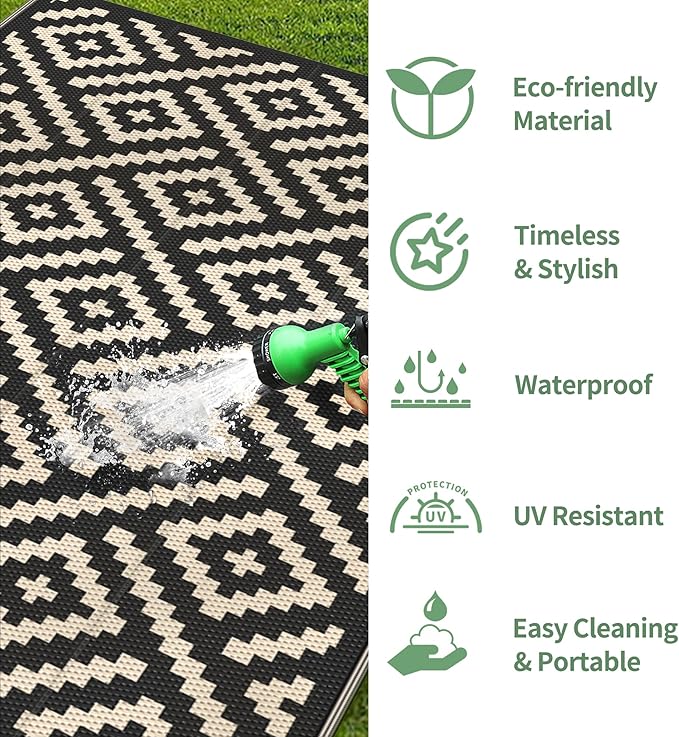 GENIMO Outdoor Rug for Patio Clearance,6'x9' Waterproof Mat,Reversible Plastic Camping Rugs,Rv,Deck,Porch,Camper,Balcony,Backyard (Black & Beige)