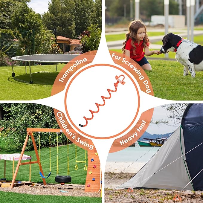 MIXXIDEA Gound Anchors Screw in, Metal Spiral Earth Anchors Kit, Heavy Duty Folding Ring Spiral Stake with Straps, Ground Stakes for Tent (Orange, 17.5 Inch)