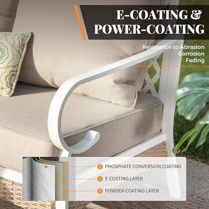 5 Piece Patio Furniture Set, 2 x Rocking Chair, 1 x 2-Seat Sofa, 1 x 3-Seat Sofa with Marbling Coffee Table, All Cushioned 7 Seats Outdoor Conversation Set, Beige