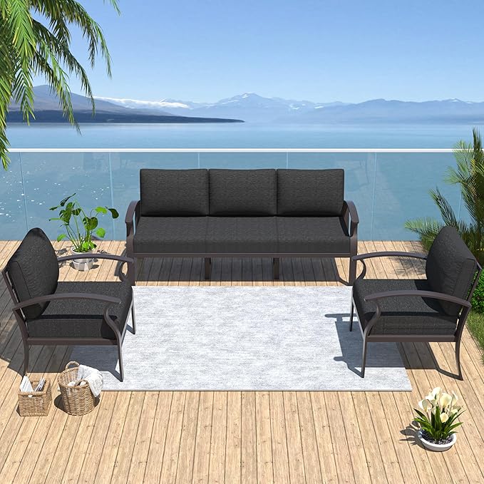 Kurapika Aluminum Patio Furniture Set 5-Seat Modern Metal Outdoor Conversation Sets w/5.1 Inch Cushion Patio Sectional Sofa, Black