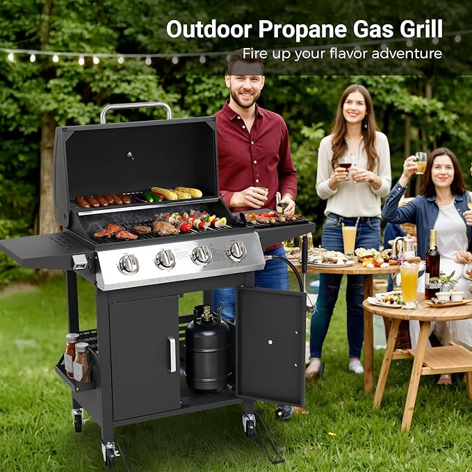 4-Burner Propane BBQ Grill, Stainless Steel Outdoor Gas Grill with 40,000 BTU, Porcelain-Coated Grates and Foldable Side Shelves, Perfect for Patio & Backyard Cooking