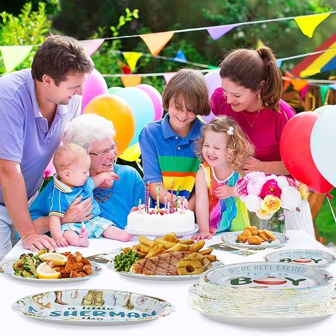 96 Pcs Fishing Baby Shower Party Decorations for Boy Gone Fishing Plates and Napkins A Little Fisherman is on The Way Party Decorations for Boys O Fishally 1st Birthday Favors Serves 24